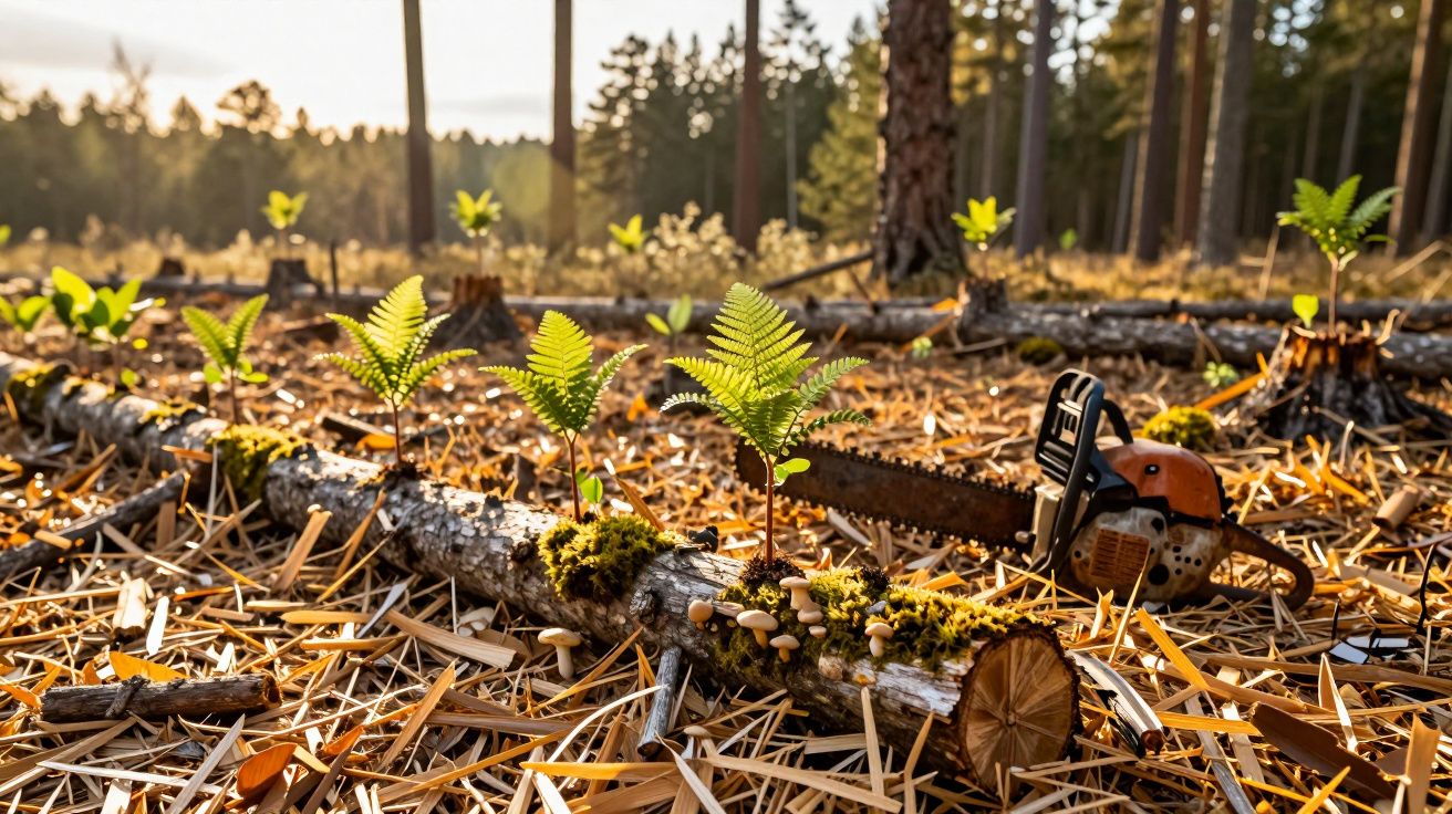 Junge Pflanzen auf Baumstamm im Wald mit Kettensäge daneben, Sonnenstrahlen erhellen die Szene, Bäume im Hintergrund.