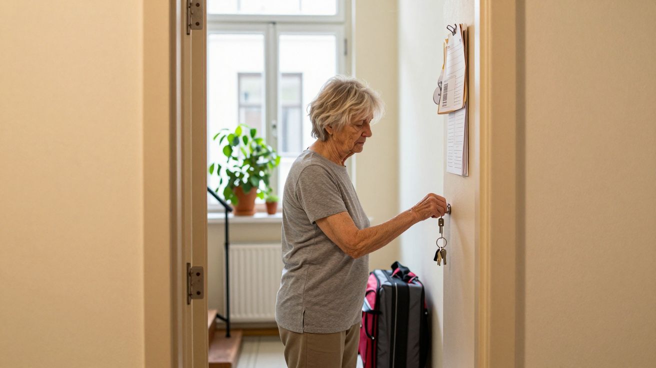Ältere Frau im Gang, dreht Schlüssel im Schloss; Koffer und Pflanze im Hintergrund.