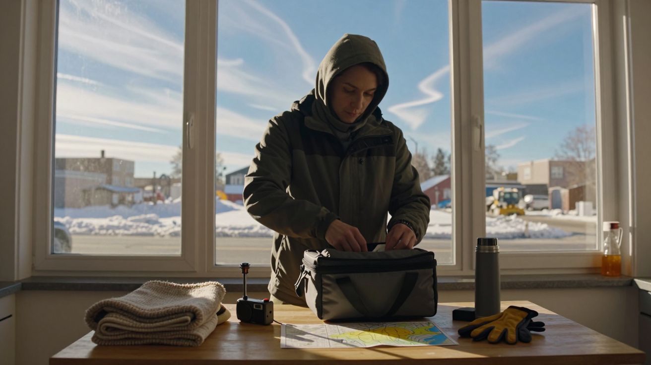 Mann im Hoodie packt Tasche am Tisch mit Karte, Handschuhen und Flasche; verschneite Landschaft draußen durch Fenster sichtba