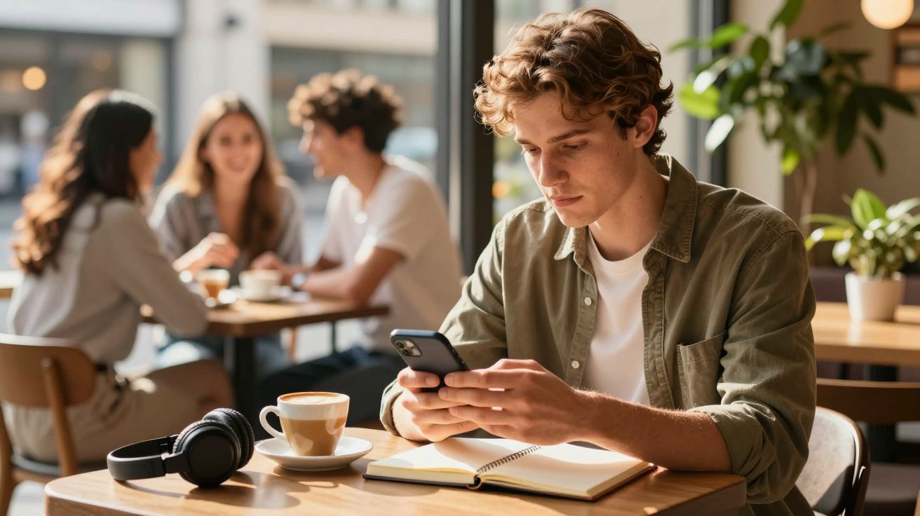 Junger Mann mit Smartphone im Café, Kopfhörer und Kaffee auf dem Tisch, im Hintergrund unterhalten sich drei Personen.