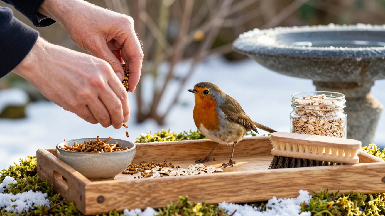 Mensch füttert Rotkehlchen auf Holztablett im verschneiten Garten.