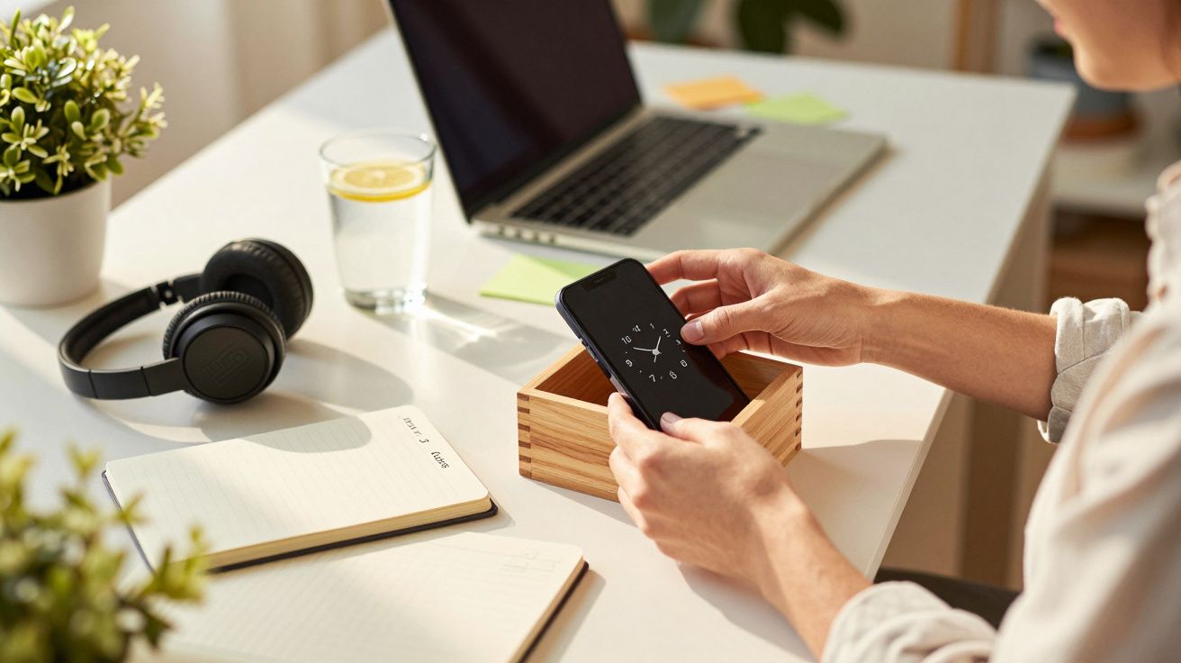 Person am Schreibtisch mit Smartphone, Notizbuch, Kopfhörern, Glas Wasser und Laptop in hellem Raum.