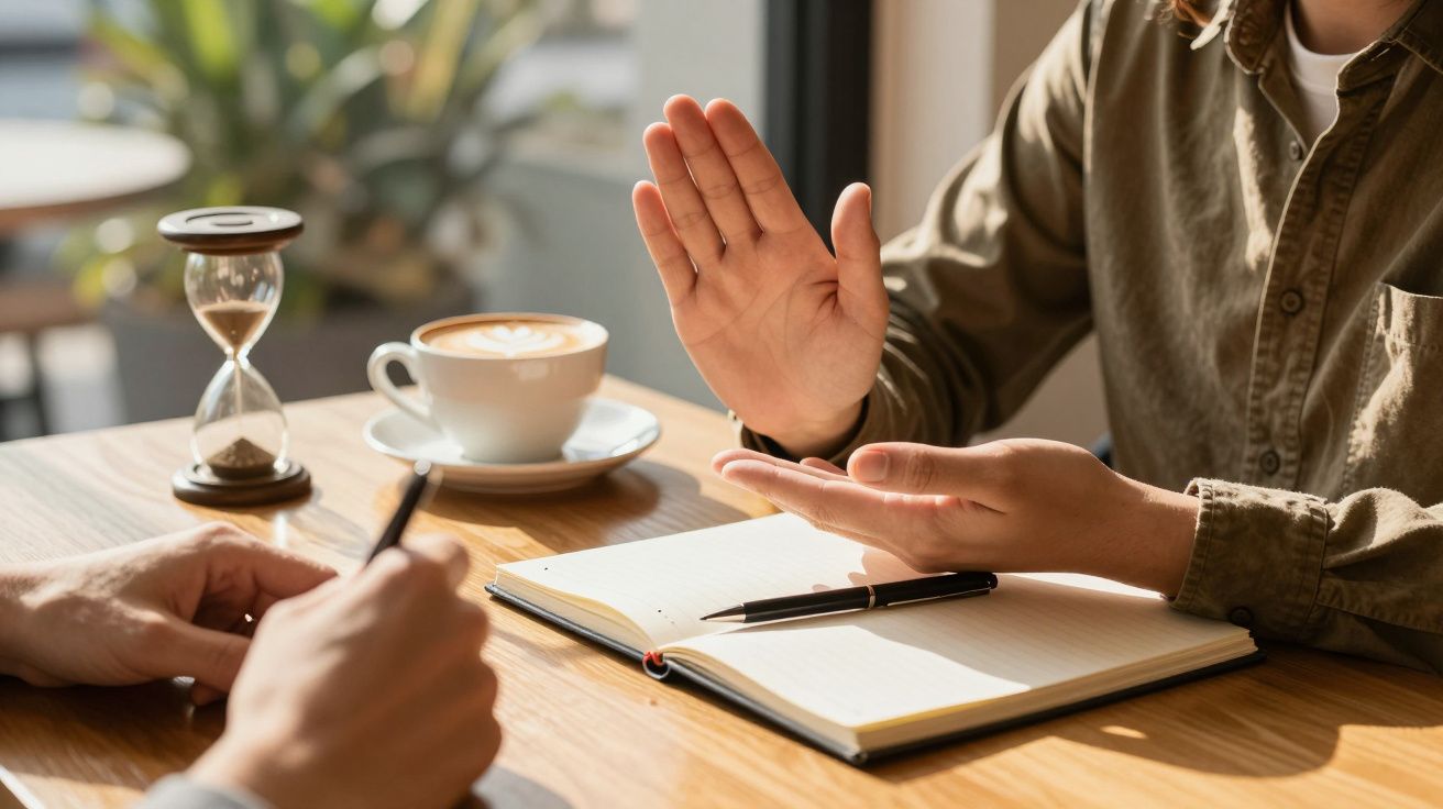Personen diskutieren am Tisch mit Notizbuch, Tasse Kaffee und Sanduhr.