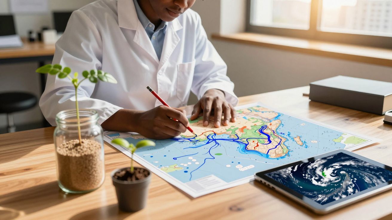 Person in weißem Kittel zeichnet Routen auf Weltkarte. Pflanze und Tablet mit Wettermuster auf Tisch.