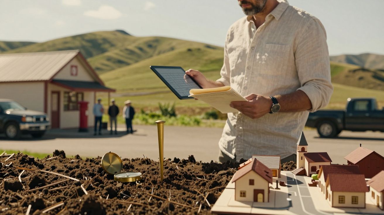 Mann mit Tablet und Notizblock betrachtet Miniaturmodell einer Stadt in ländlicher Umgebung mit Hügeln im Hintergrund.