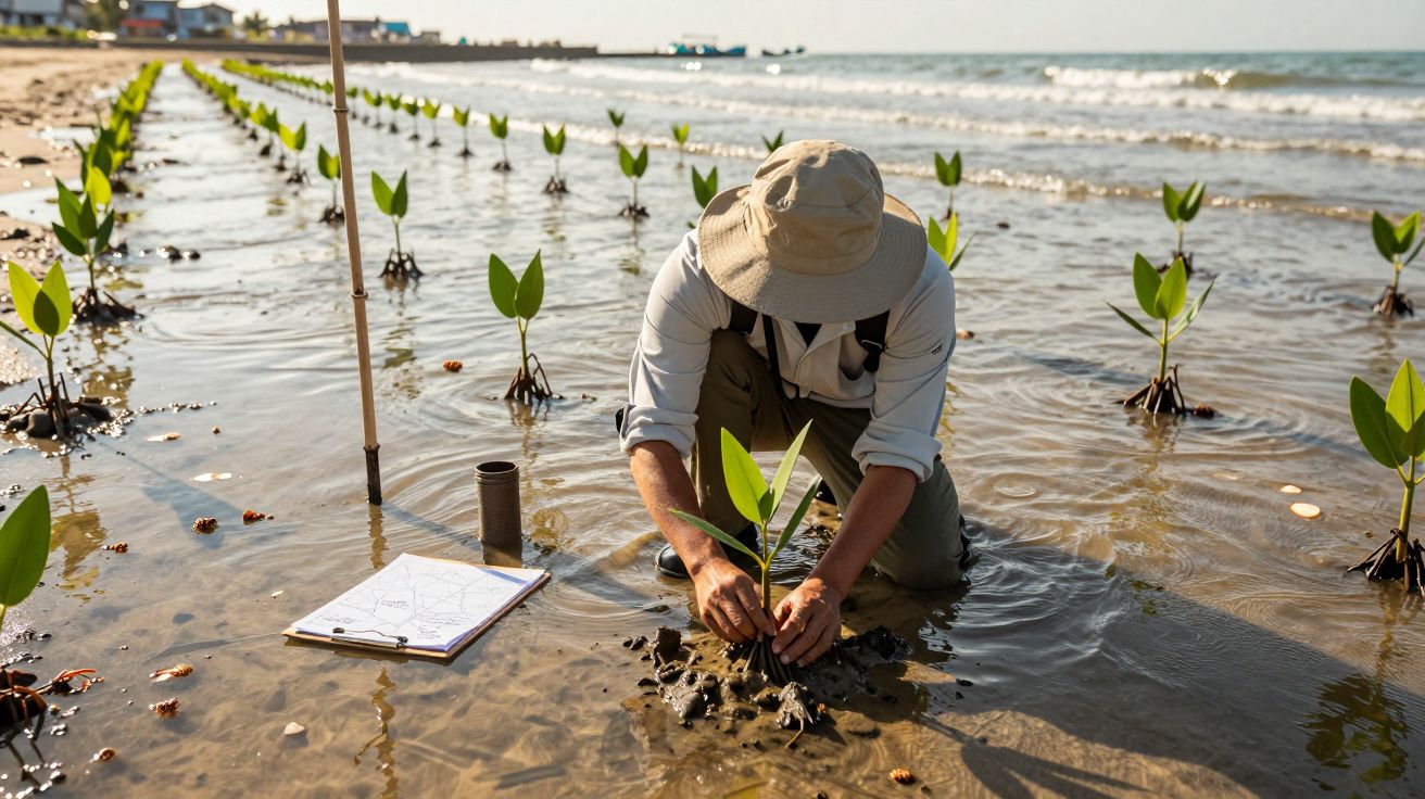 Person pflanzt junge Mangroven an einem sonnigen Strand, umgeben von einer Reihe weiterer Setzlinge am Meeresufer.