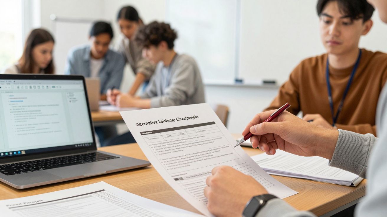 Mehrere Personen arbeiten an einem Tisch, Dokumente und Laptop sind sichtbar.