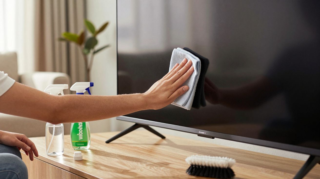 Eine Hand reinigt einen Flachbildfernseher mit einem Mikrofasertuch, Reinigungsmittel im Hintergrund auf Holztisch.
