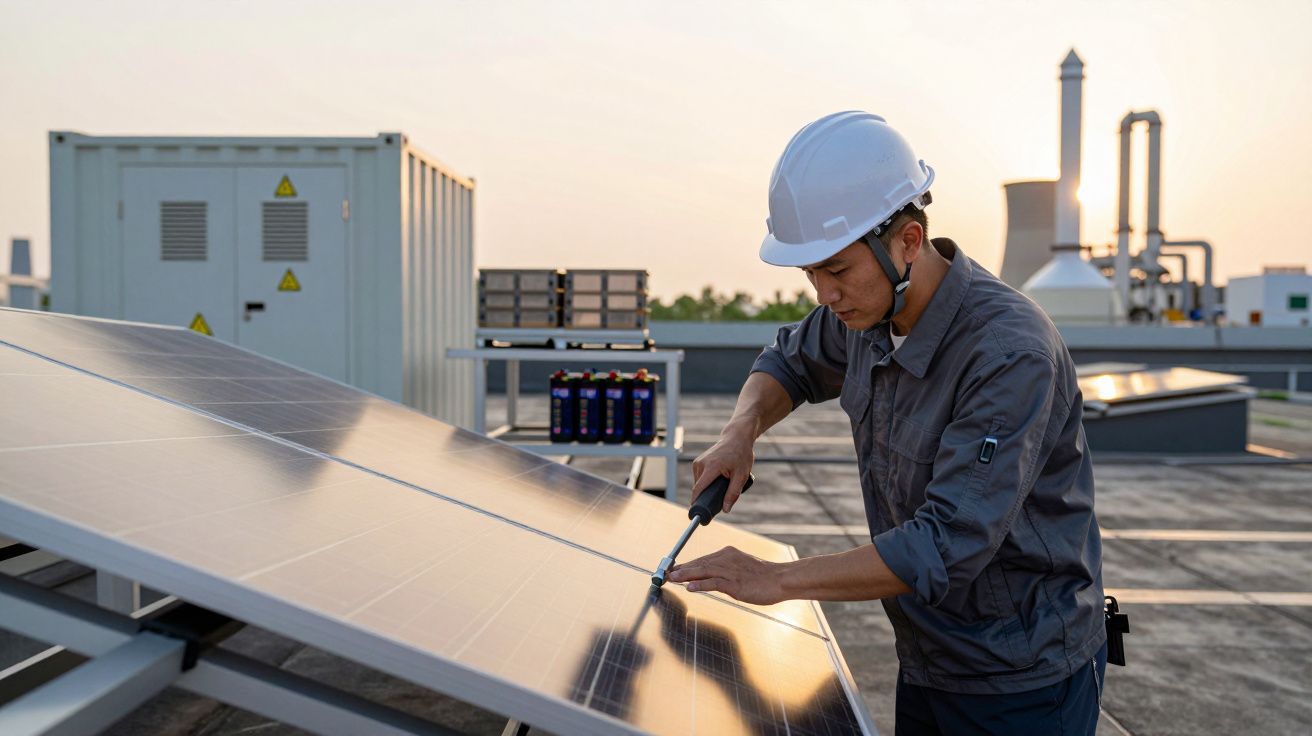 Ein Techniker in Schutzkleidung installiert Solarmodule auf einem Dach bei Sonnenuntergang in einer Industrieumgebung.