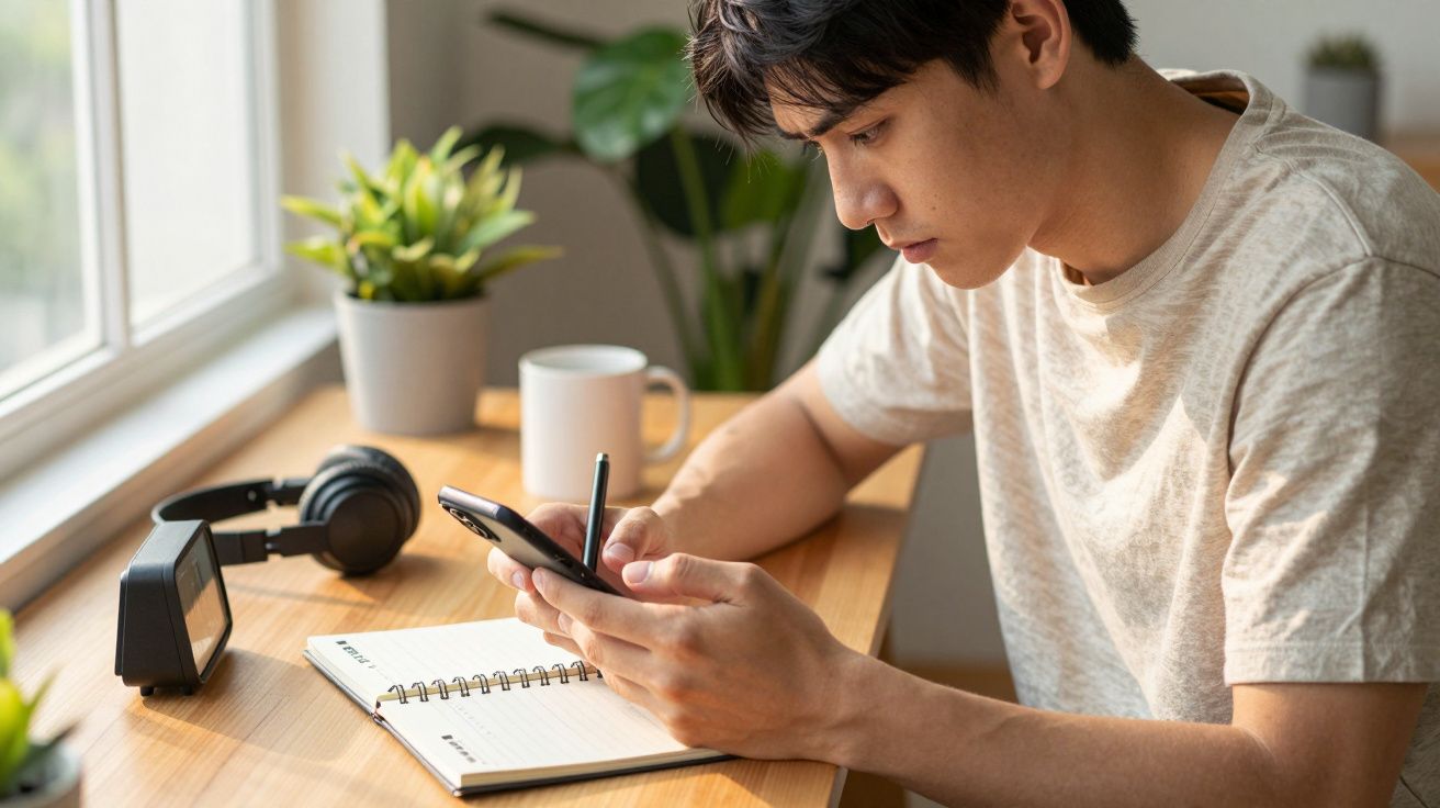 Junger Mann am Schreibtisch mit Smartphone, Notizbuch, Kopfhörern und Tasse, konzentriert beim Arbeiten.