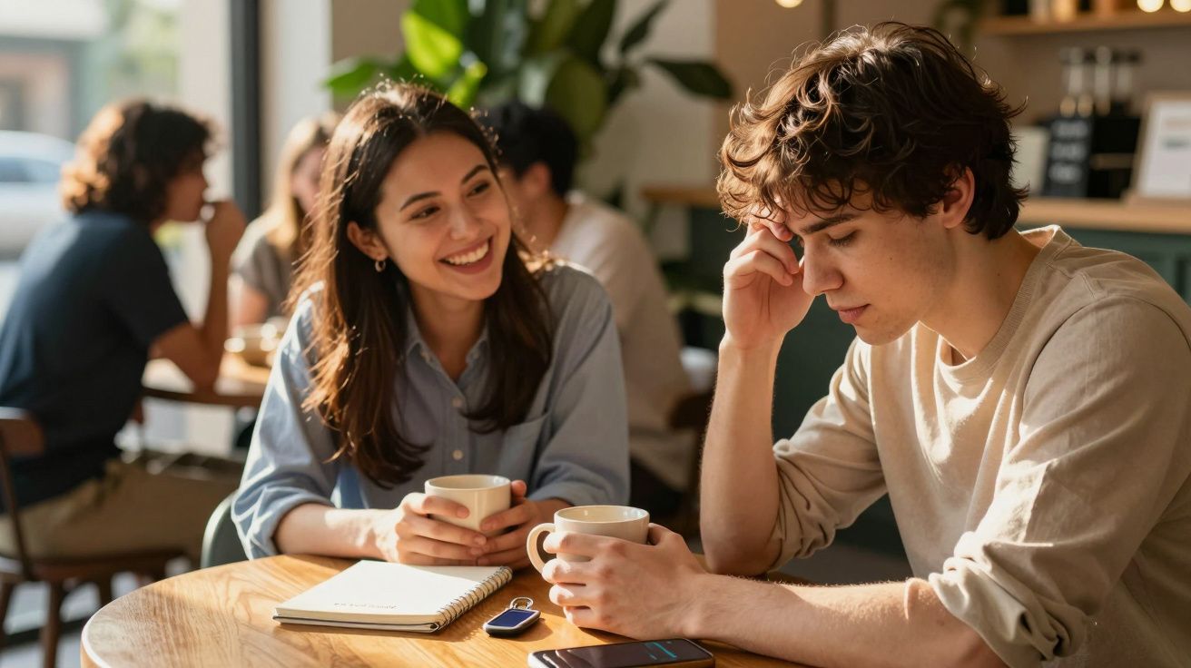 Zwei junge Erwachsene in einem Café, die Kaffee trinken und sich unterhalten; eine Person lächelt, die andere wirkt nachdenkl