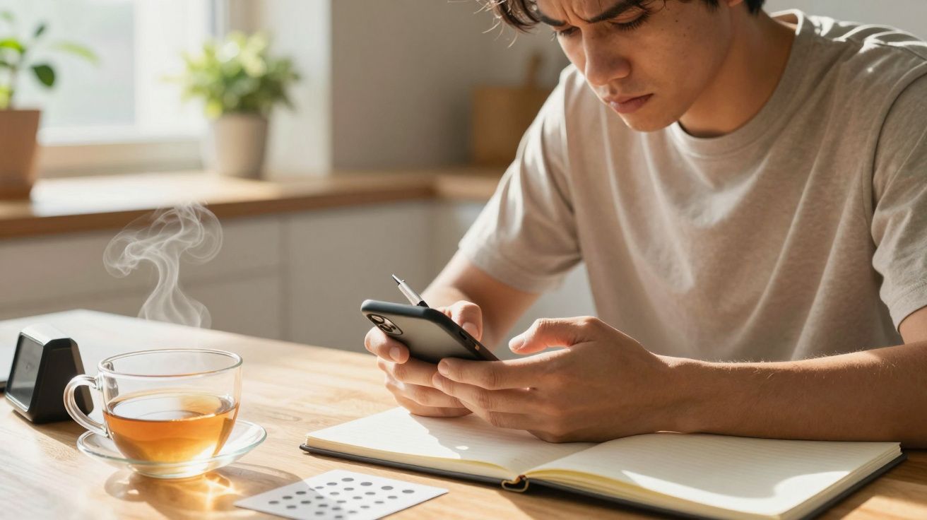 Mann in grauem T-Shirt sitzt am Tisch, schaut auf Smartphone, mit aufgeschlagenem Notizbuch und Teetasse daneben.