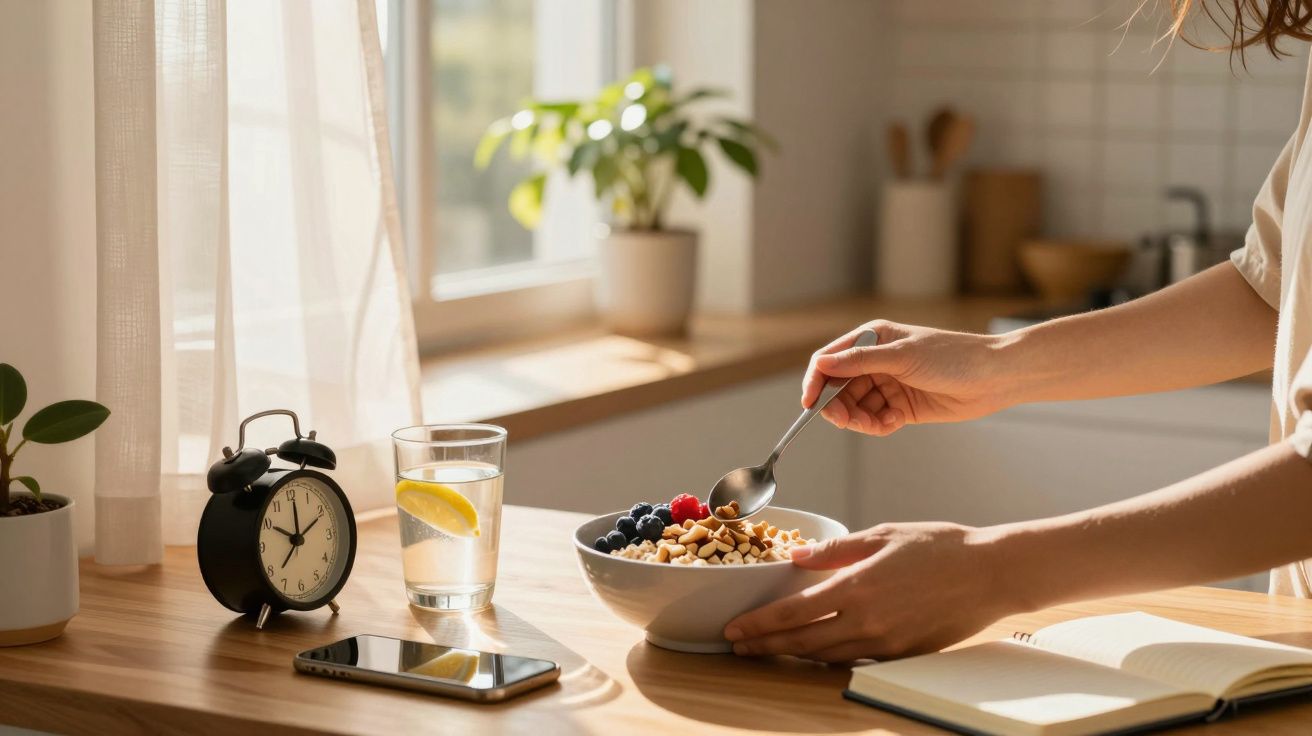 Person richtet Müsli mit Beeren an, daneben Wecker, Wasserglas, Handy und Notizbuch auf Tisch in sonniger Küche.