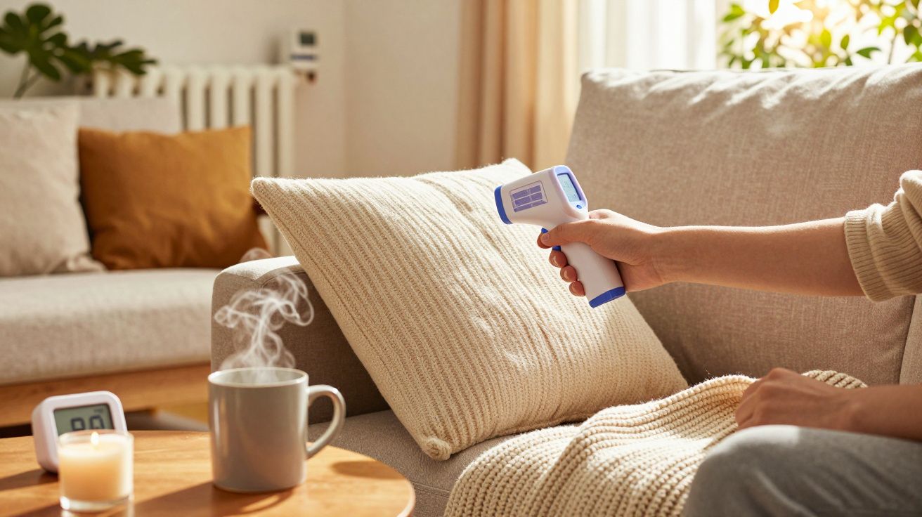 Person misst Temperatur auf Sofa mit Infrarotthermometer. Im Vordergrund dampfender Becher und Kerze auf Tisch.