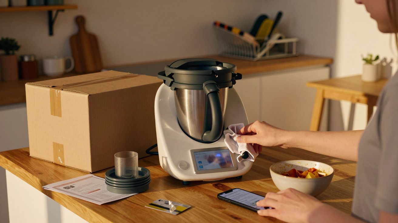 Person wischt Bildschirm eines Küchengeräts auf Holzplatte, neben Schüssel mit Essen und Smartphone, daneben ein Karton.