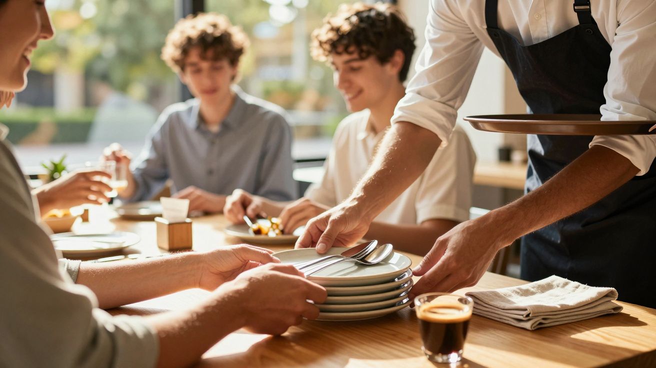 Kellner serviert Teller an Tisch mit vier Personen, die in einem hellen Café sitzen und sich unterhalten.