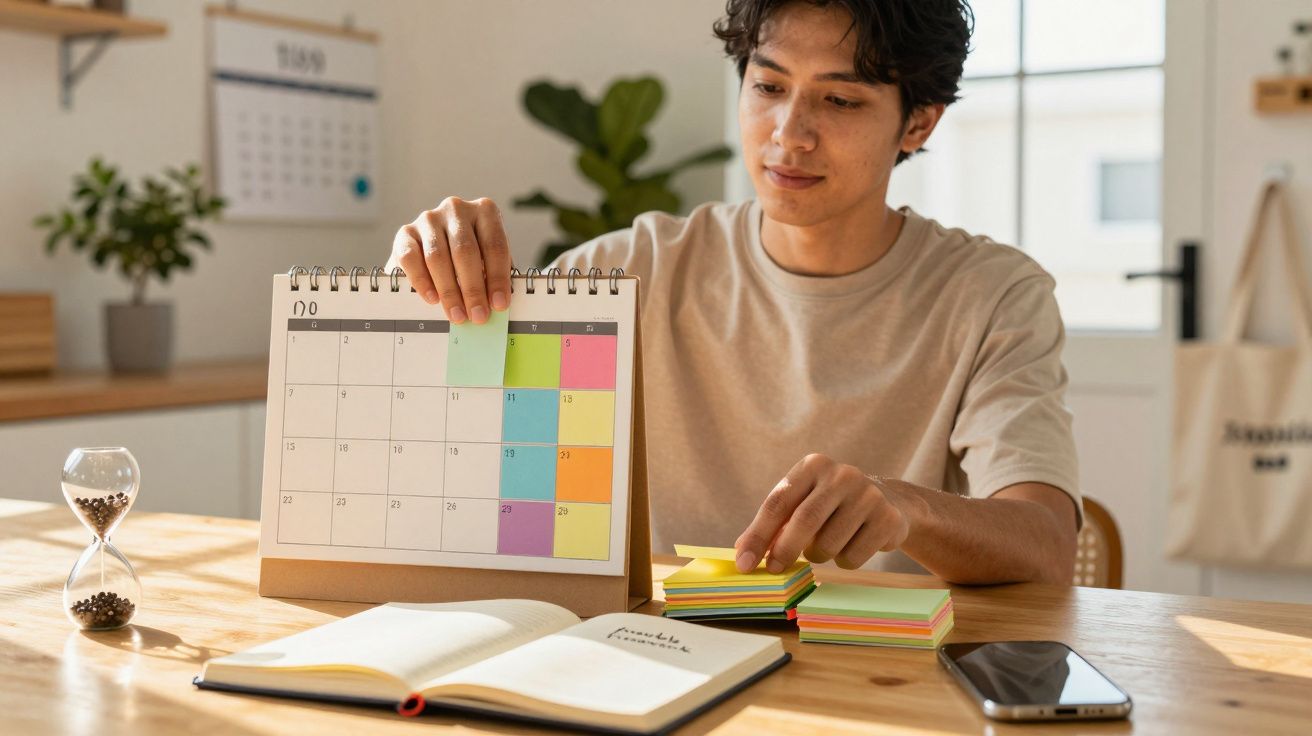 Mann mit Kalender plant Notizen an einem Tisch mit Sanduhr, Notizbuch und Smartphone, helles Zimmer im Hintergrund.