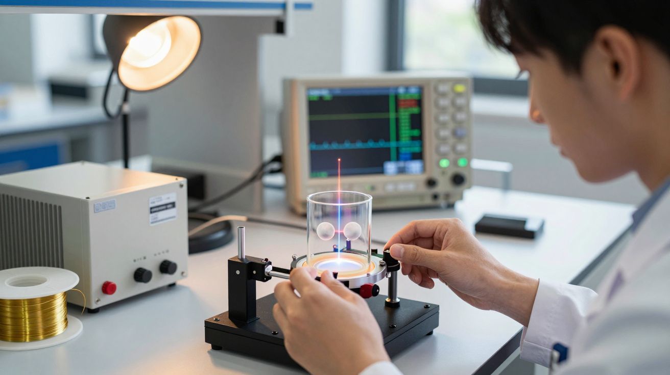 Forscher arbeitet an einem physikalischen Experiment im Labor mit Geräten und Bildschirm im Hintergrund.