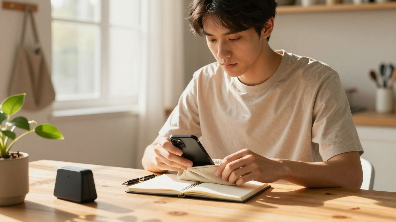 Ein Mann sitzt an einem Tisch, verwendet sein Handy, während er Notizen in ein offenes Heft macht.