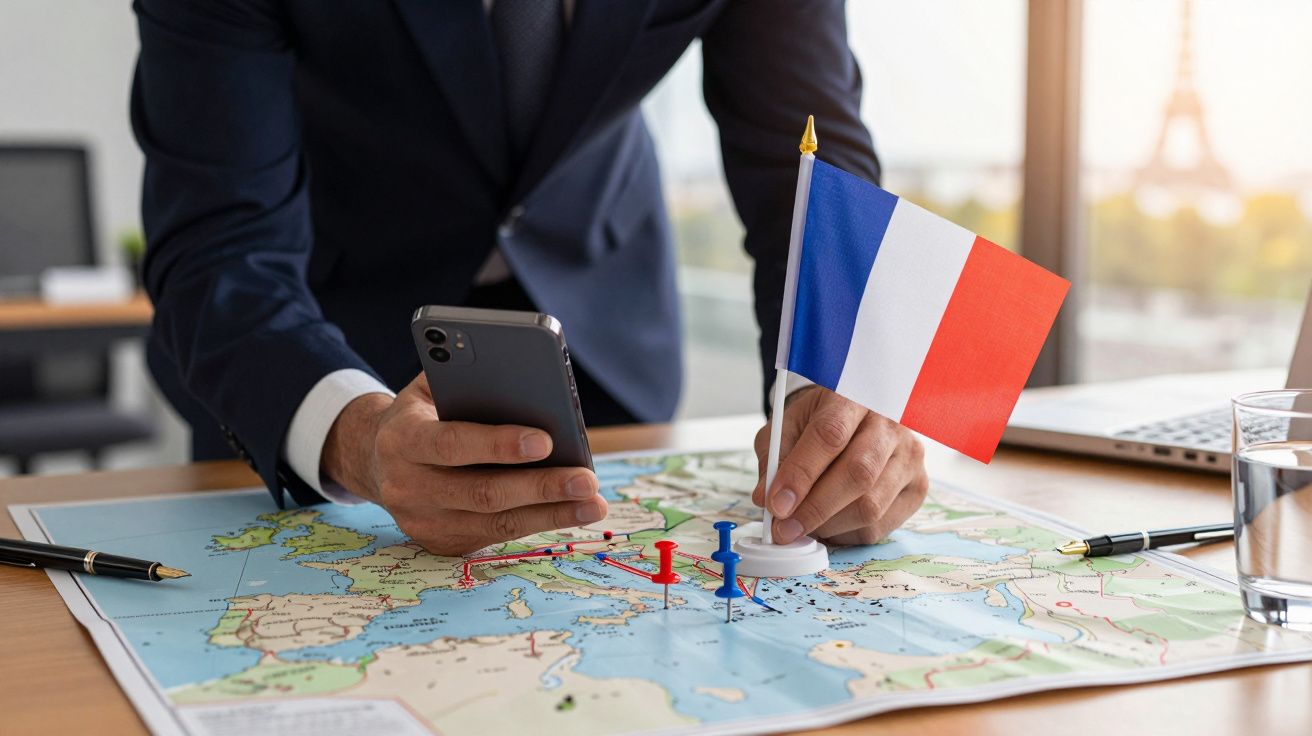 Mann plant Reiseroute auf Europakarte mit Handy; französische Flagge als Markierung; Eiffelturm im Hintergrund.