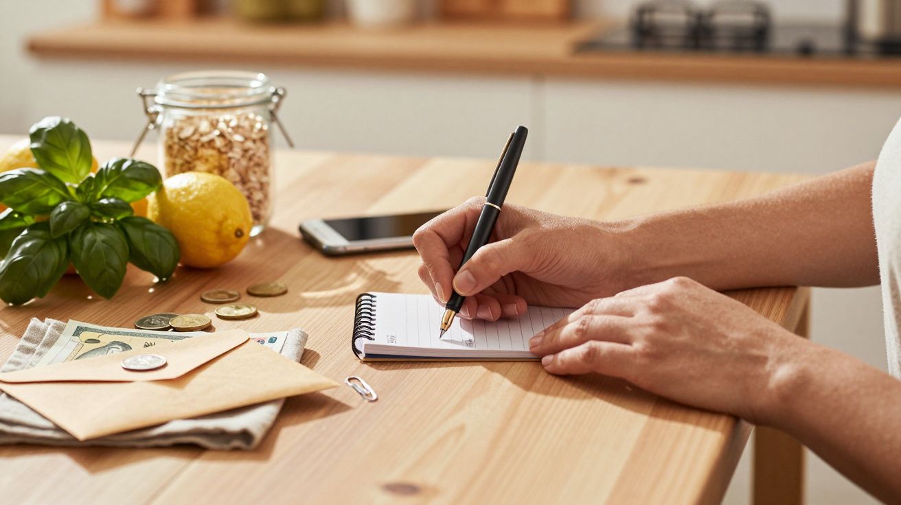 Person schreibt in Notizbuch an Küchentisch mit Smartphone, Zitrone, Basilikum, Haferflocken und Geld.