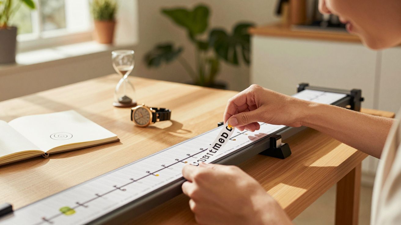 Person arrangiert Schriftzüge auf einem linearen Kalender auf einem Schreibtisch; daneben liegen Uhr, Notizbuch, Sanduhr.