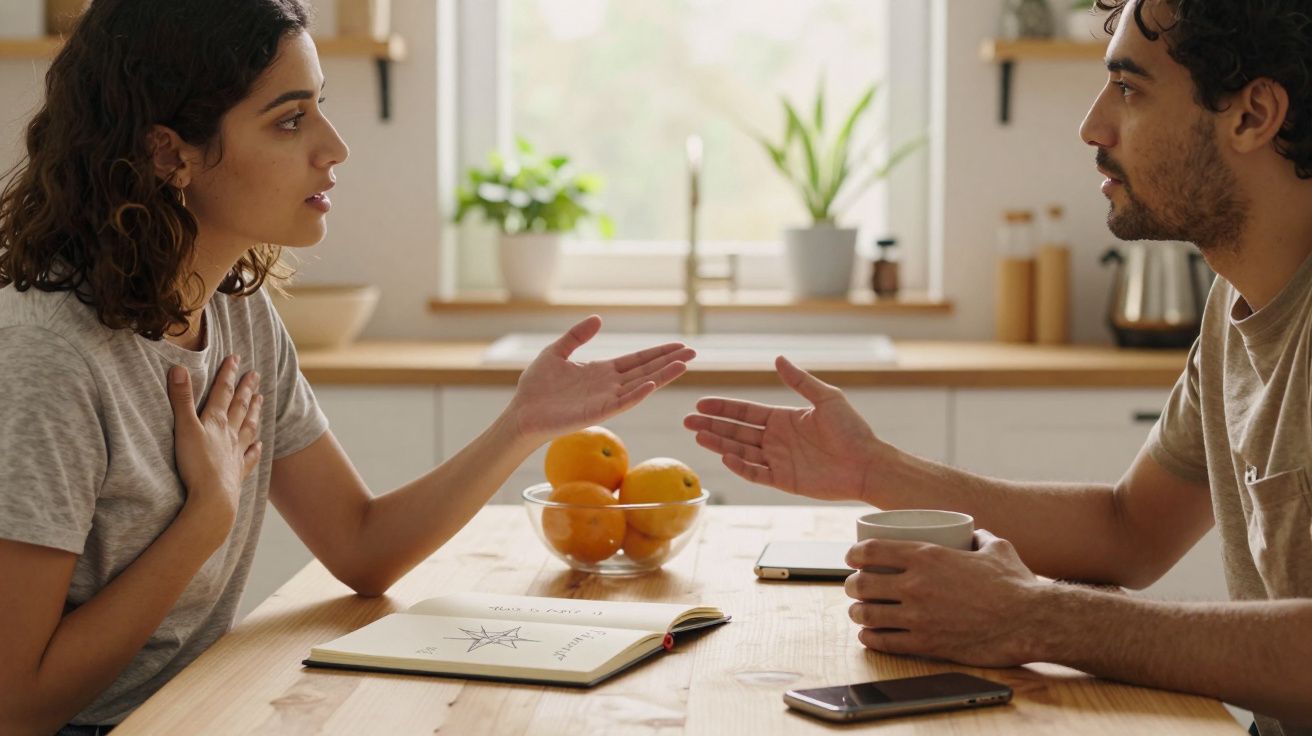 Zwei Personen diskutieren am Küchentisch, umgeben von Orangen, Notizbuch und Tasse.