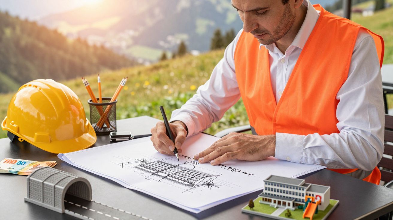Ein Ingenieur zeichnet Baupläne im Freien, mit einem Modellhaus, Helmmodell und Euro-Geldscheinen auf dem Tisch.
