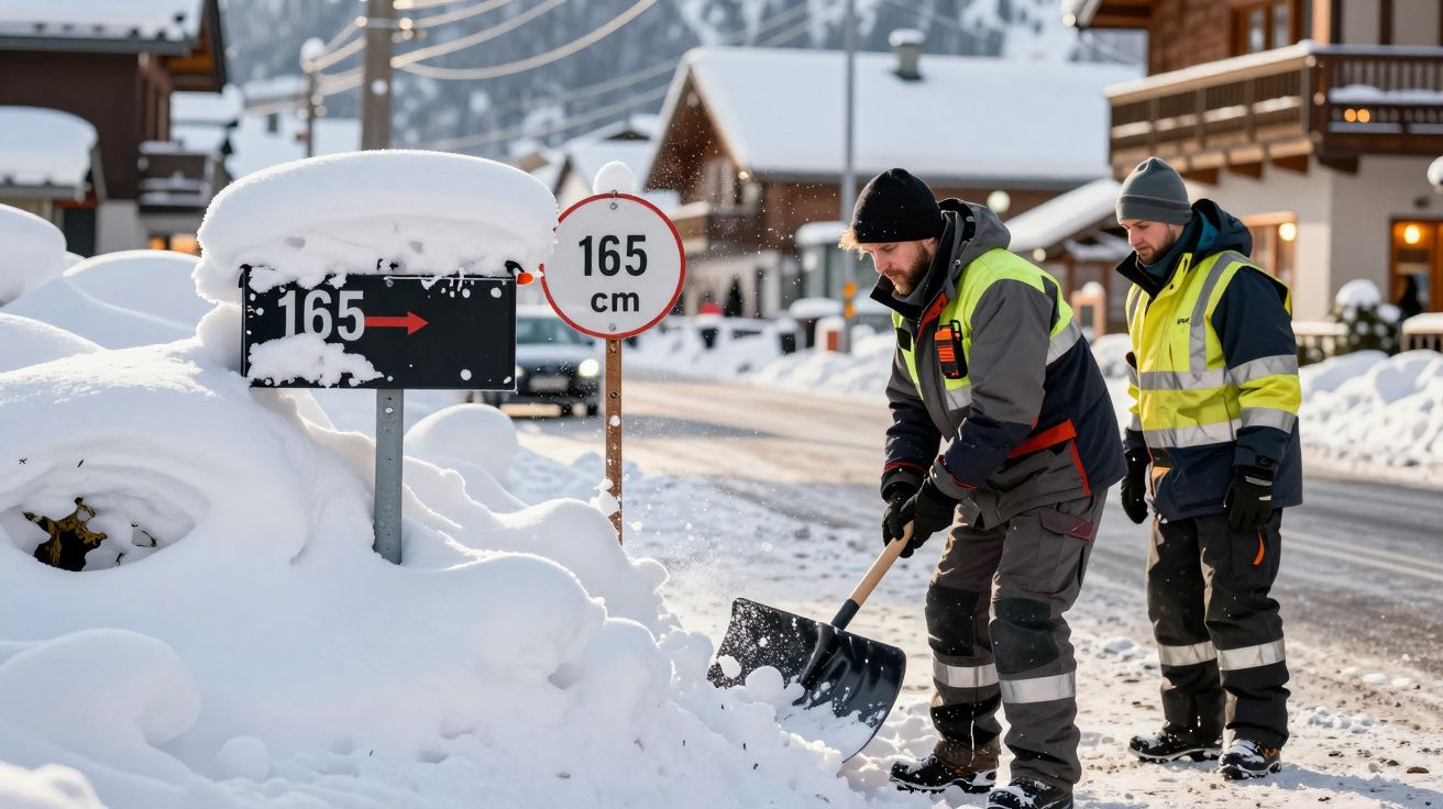 Zwei Männer schaufeln Schnee vor einem Schild mit 165cm-Markierung in einem verschneiten Dorf.